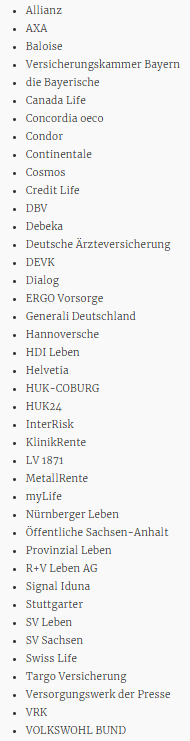 Liste von Versicherungsgesellschaften mit mehreren Namen wie Allianz, Axa, und Generali Deutschland, geschrieben in einer Spaltenanordnung.